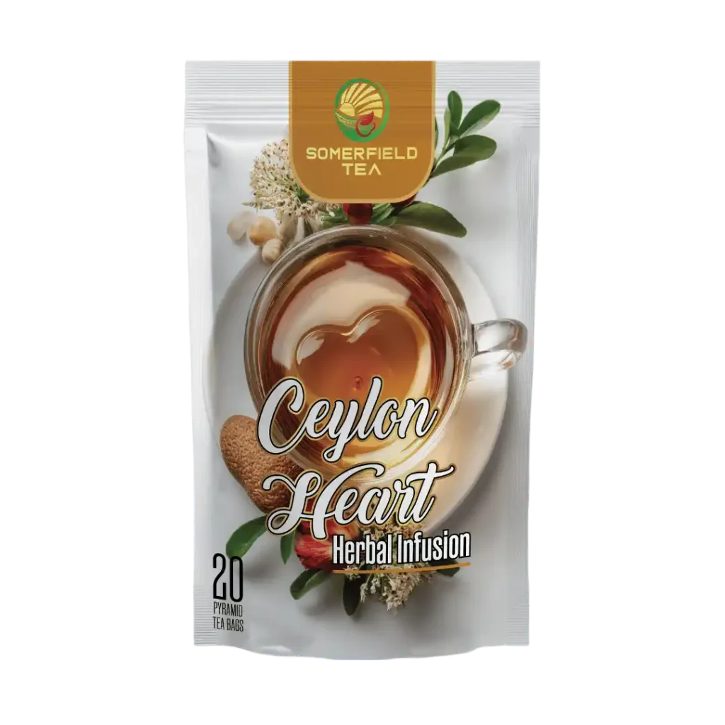 somerfield tea brings you ceylon heart herbal infusion in 20 pyramid tea bags pack available for private labelling, bulk tea sourcing, tea exports and for cafes and restaurants in colombo