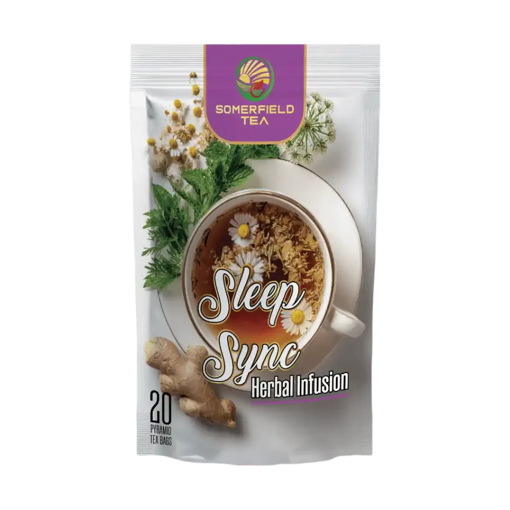 somerfield tea brings you sleep sync herbal infusion in 20 pyramid tea bags pack available for private labelling, bulk tea sourcing, tea exports and for cafes and restaurants in colombo