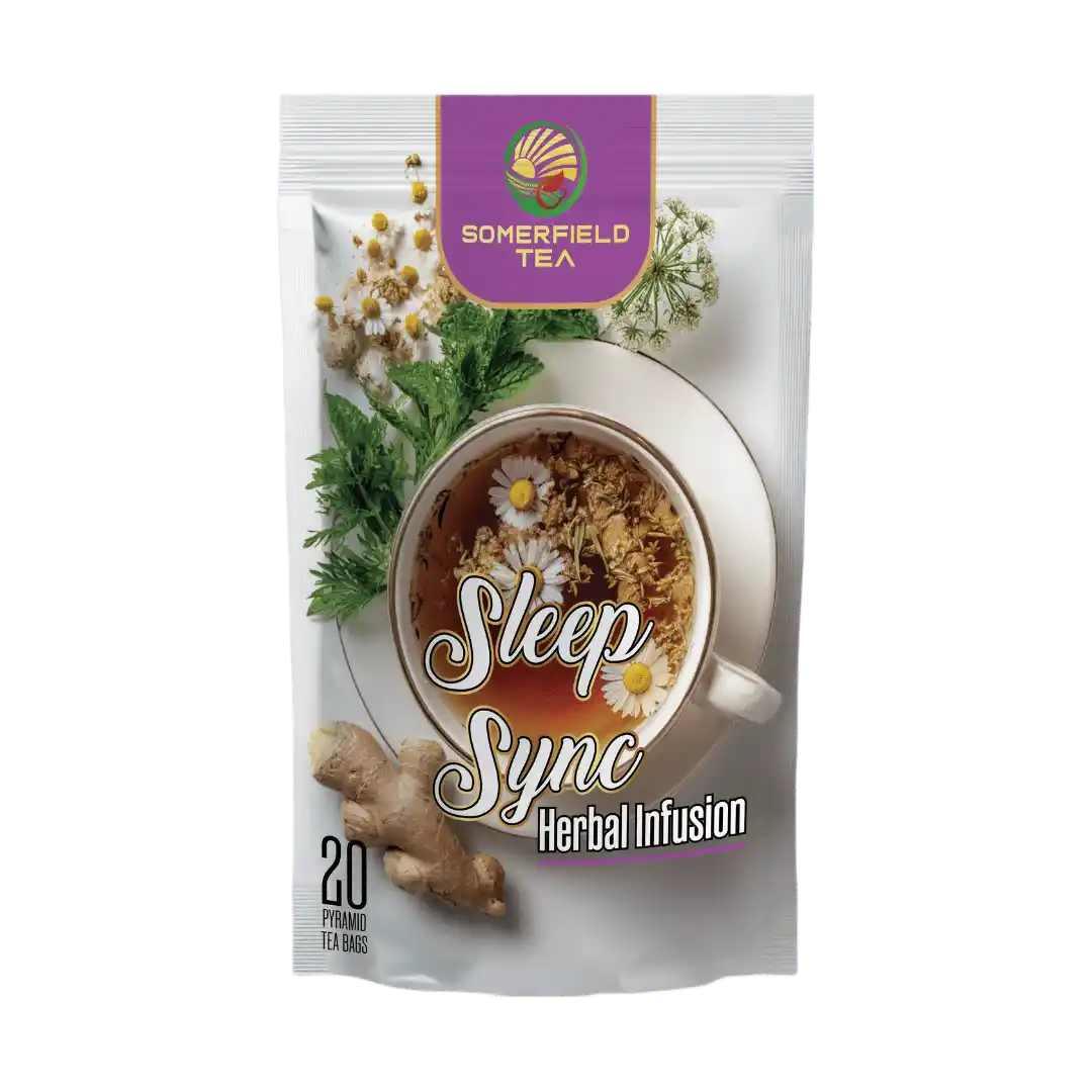 somerfield tea brings you sleep sync herbal infusion in 20 pyramid tea bags pack available for private labelling, bulk tea sourcing, tea exports and for cafes and restaurants in colombo