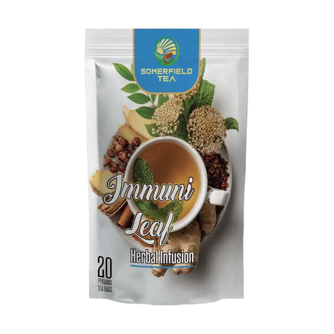 somerfield tea brings you immuni leaf herbal infusion in 20 pyramid tea bags pack available for private labelling, bulk tea sourcing, tea exports and for cafes and restaurants in colombo